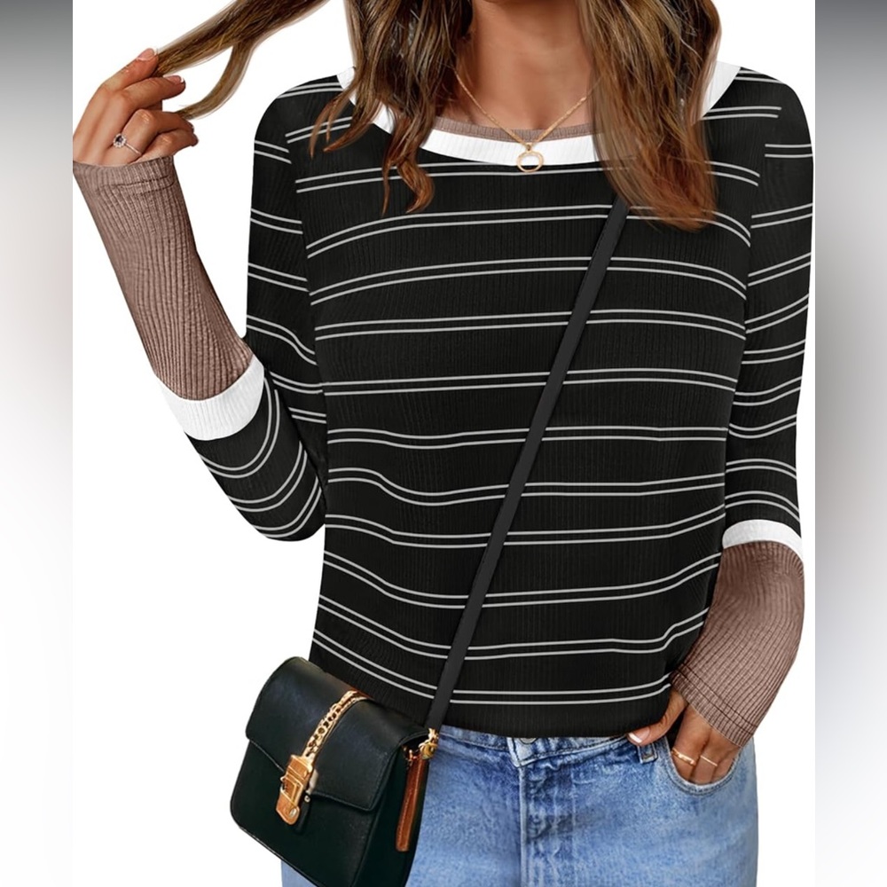🎀 NWT NENONA Women's Long Sleeve Striped T-Shirt Crew Neck Rib Knit